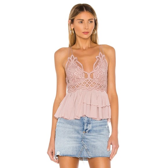 Free People NWT Adella Cami Crochet Lace Spaghetti Strap Top Dusty Mauve XS New - Picture 1 of 9